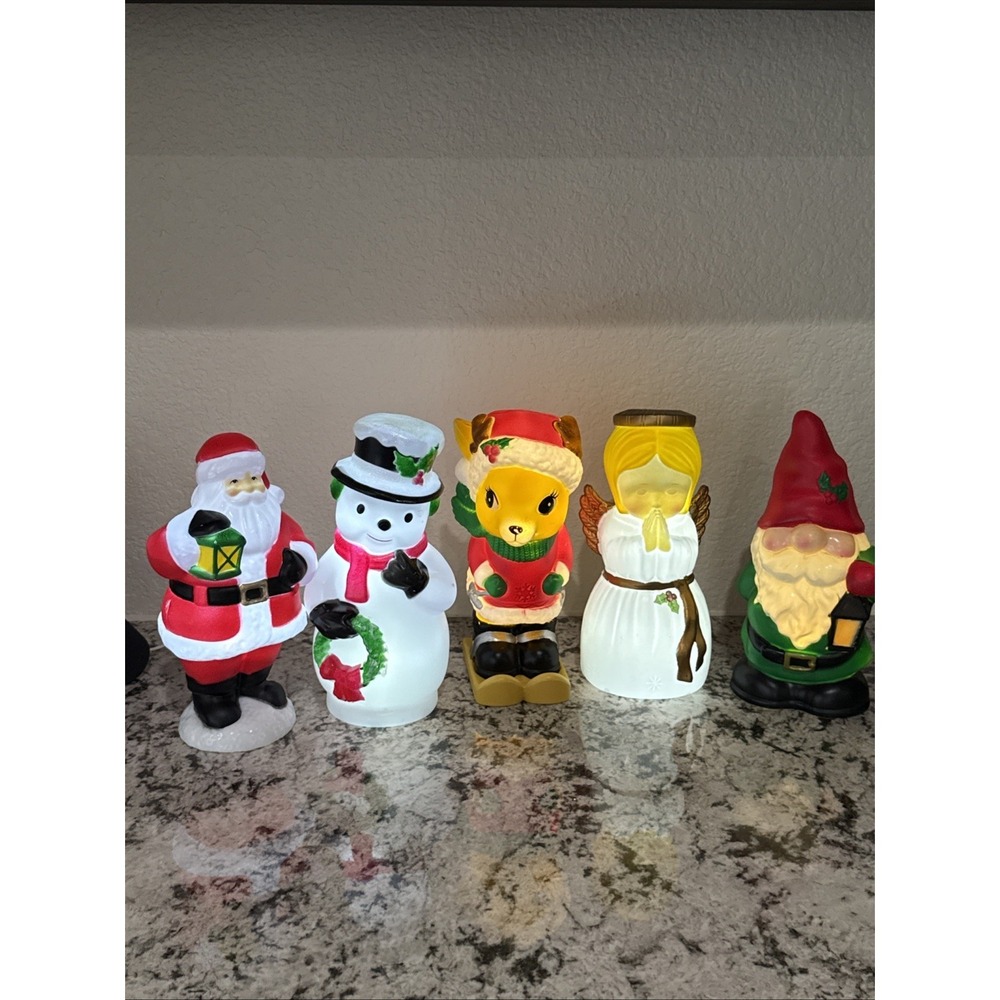 Plastic Blow Mold Snowman, Santa, Angel, Reindeer, Gnome 10-11" lot of 5